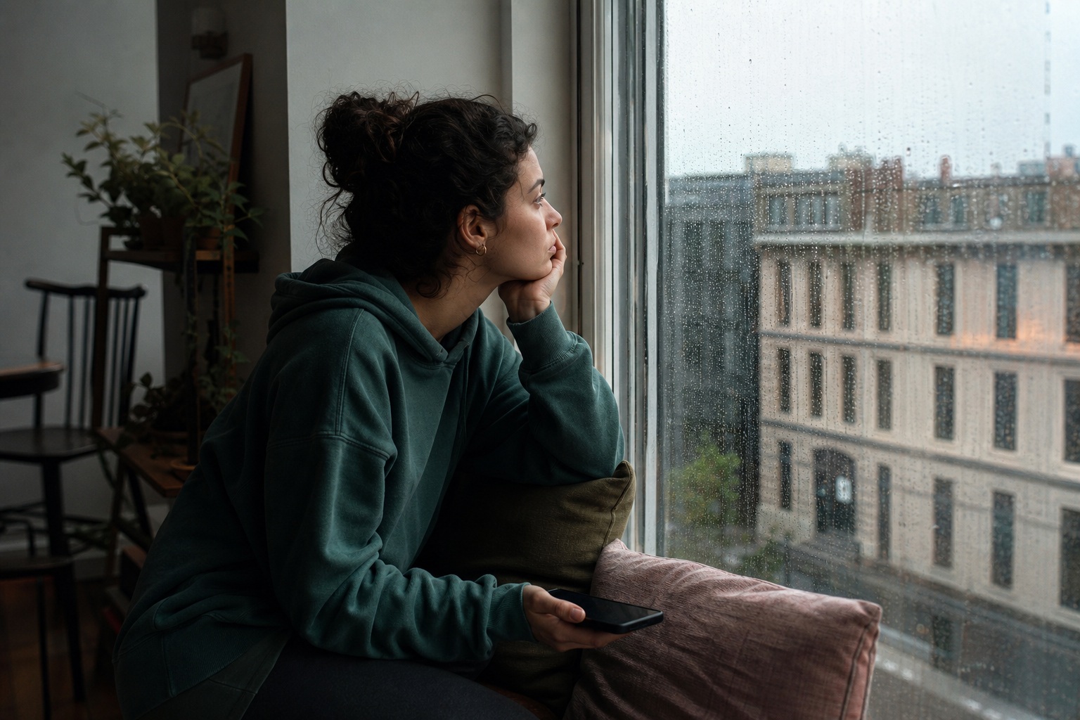 Person sitting by an apartment window looking out over buildings on a rainy day.