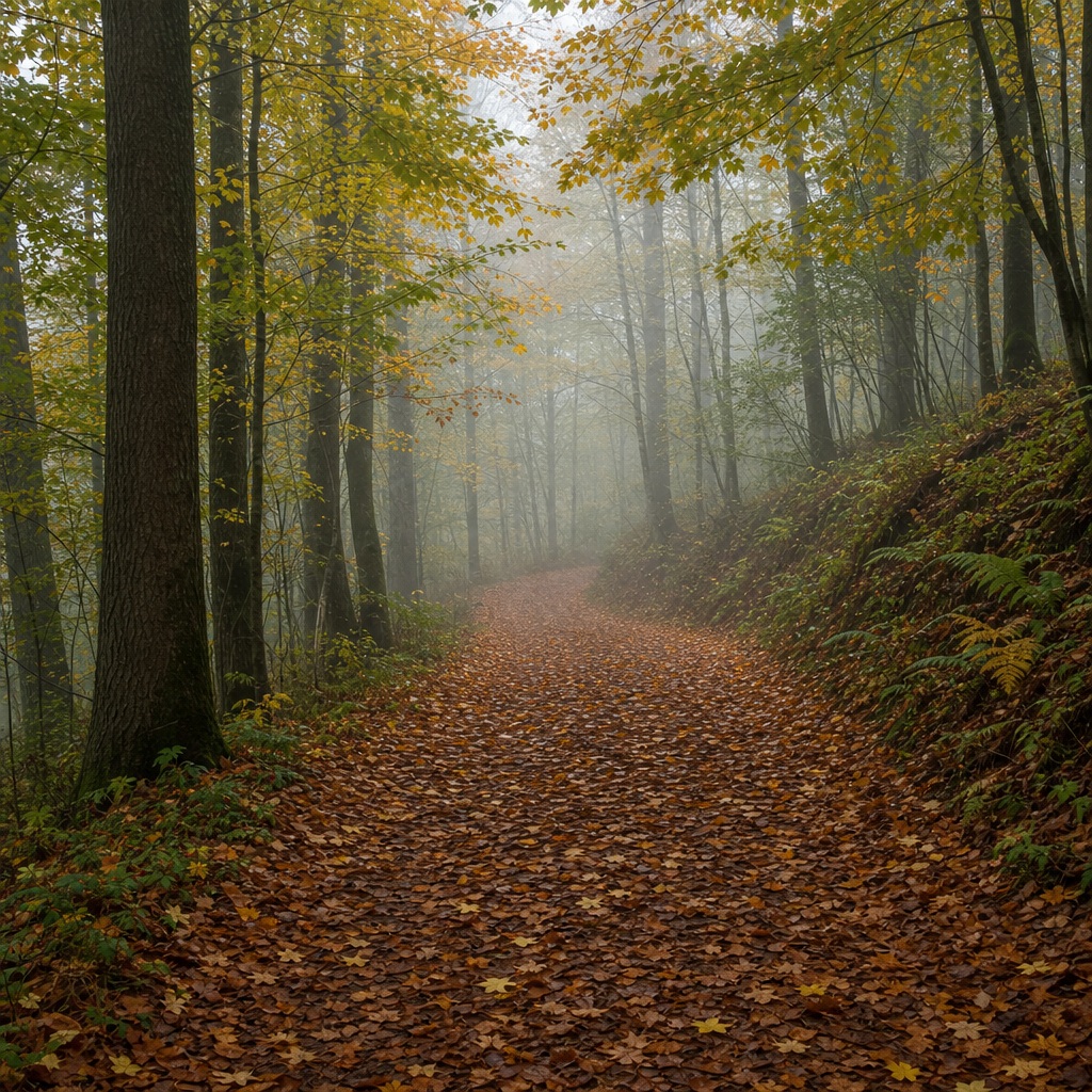 Misty forest path covered with fallen leaves between tall trees
