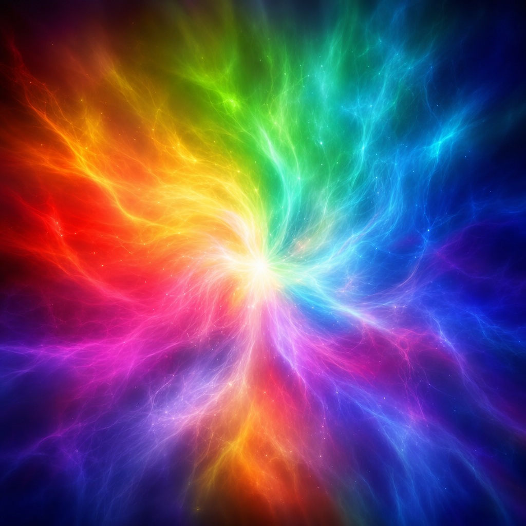 Square abstract background with a bright neon rainbow burst and glowing light streaks