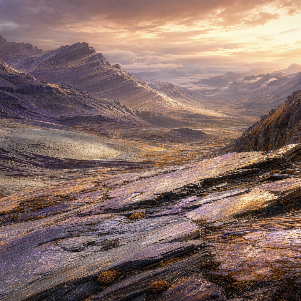Iridescent shale mountain slopes under a glowing amber twilight sky