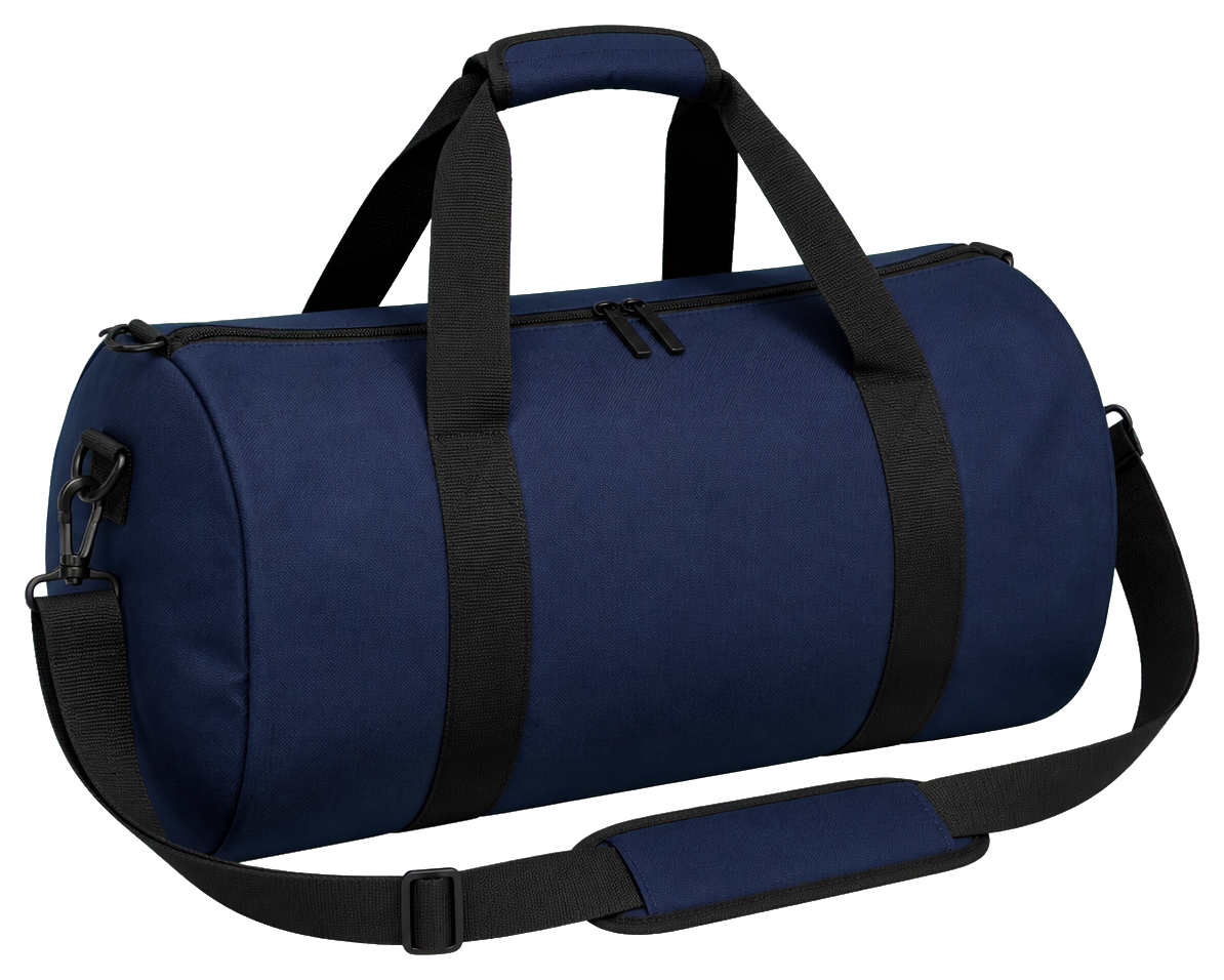 Navy duffel-style gym bag with handles and shoulder strap