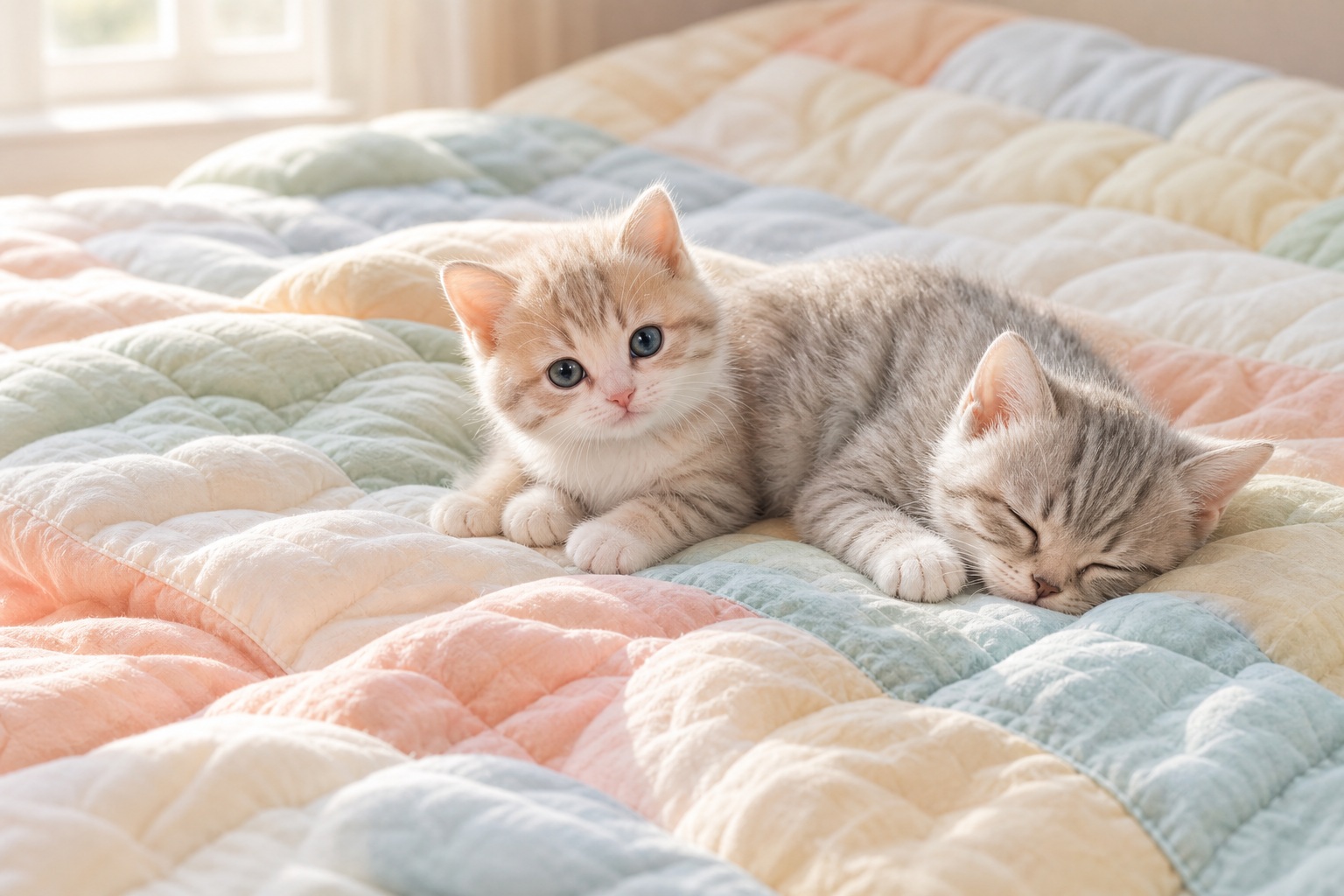 Two small kittens resting on a pastel patchwork quilt in a cozy scene