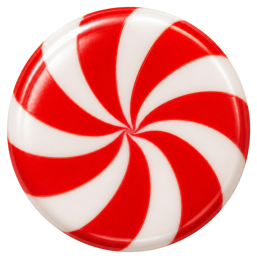 Red and white peppermint swirl candy sticker on a round background