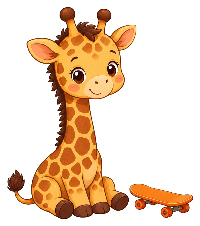 Cute giraffe sitting beside a skateboard in a kawaii sticker style