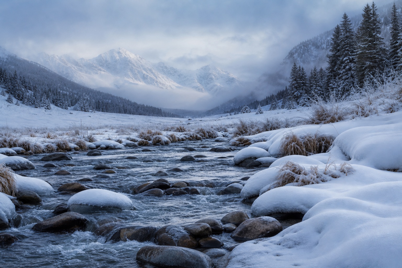 Snowy river flowing through a winter valley with misty mountains and snow-covered grass