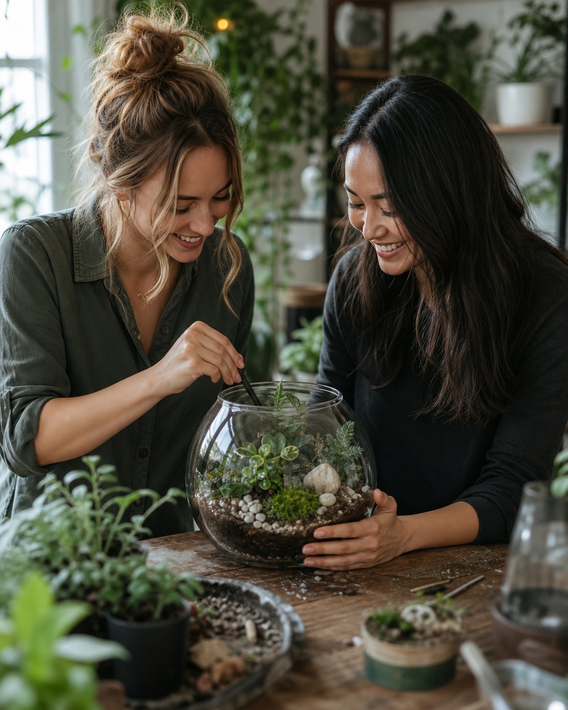 Two women shaping a terrarium together at a table with plants and soil.
