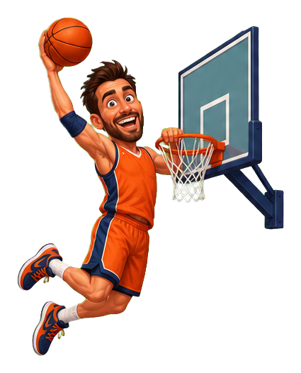 Smiling basketball player in orange uniform dunking the ball toward the hoop