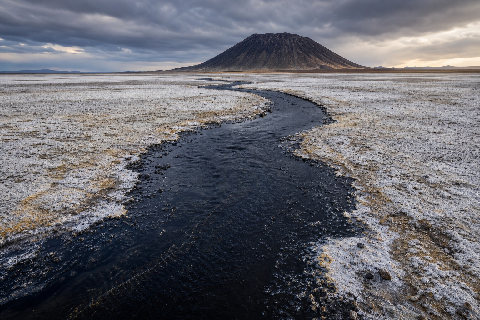 Dark creek crossing a white salt flat with a distant mountain under cloudy skies.