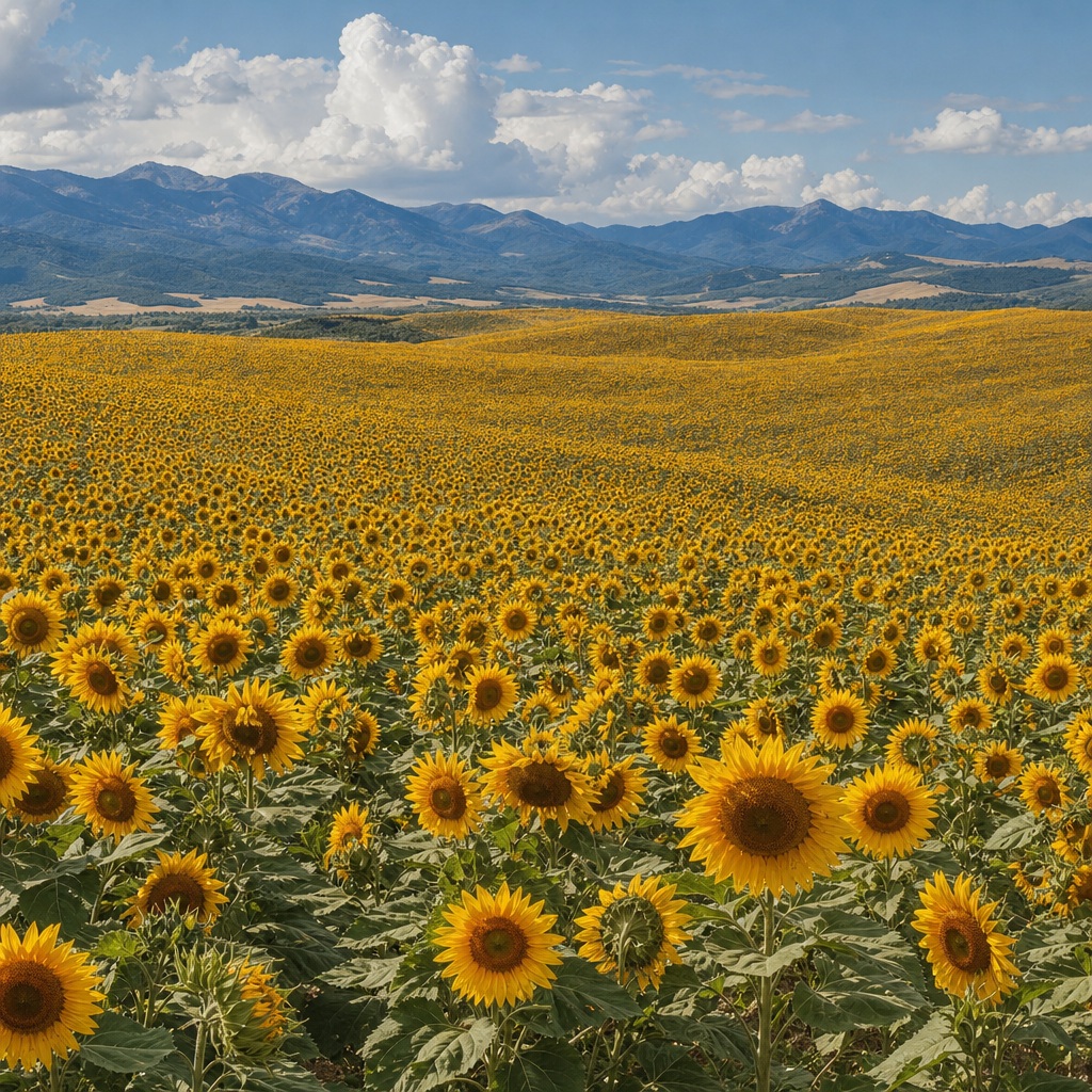 Wide sunflower field on a plateau with mountains and clouds in the distance.