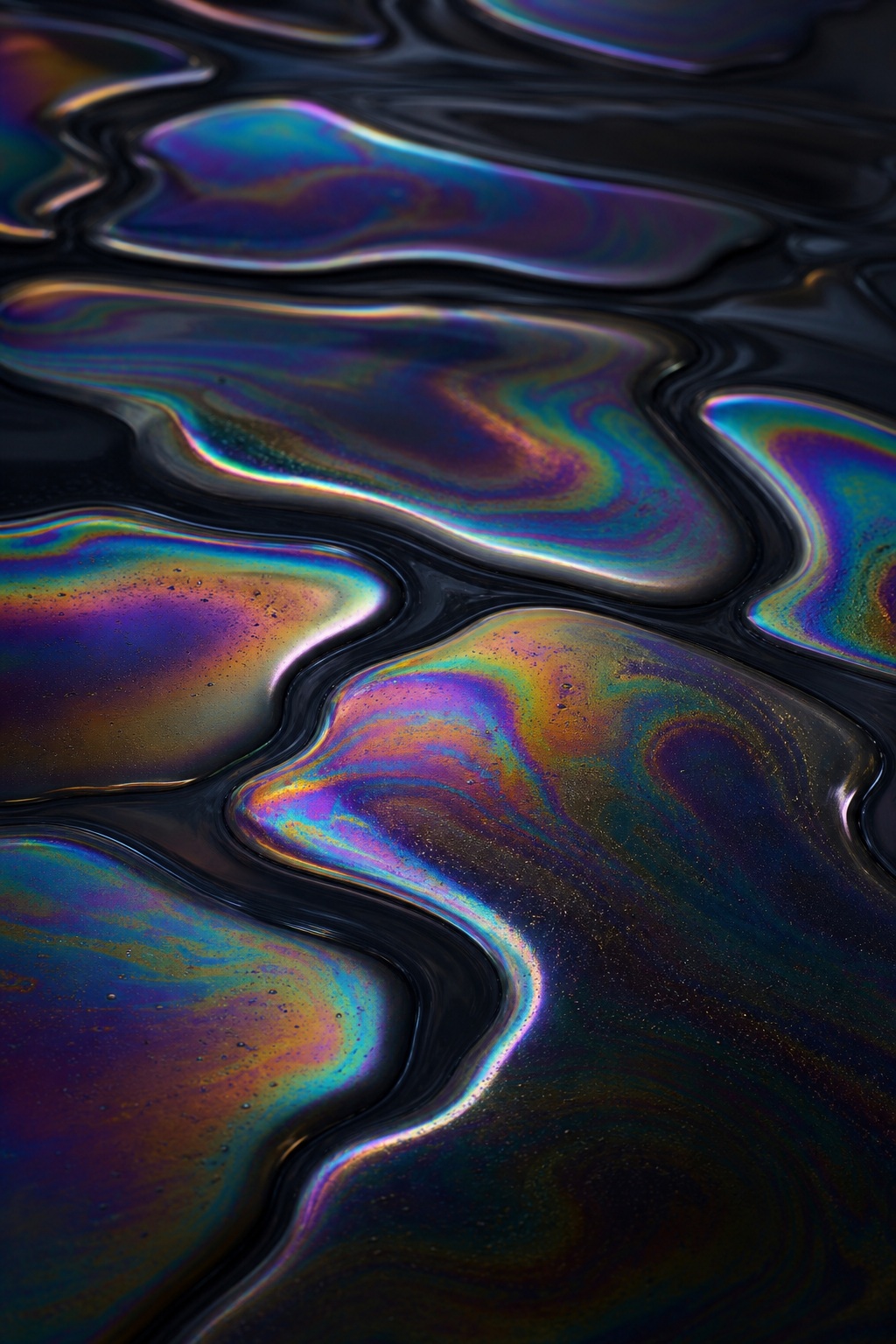 Dark iridescent liquid pools with rainbow highlights and glossy curved bands