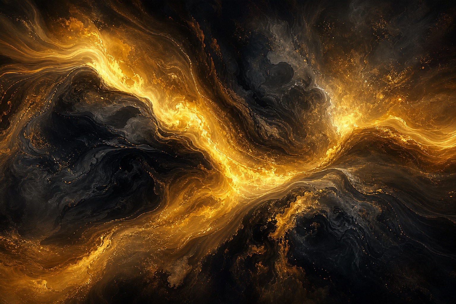Gold and black smoky light streaks crossing through a dark abstract background