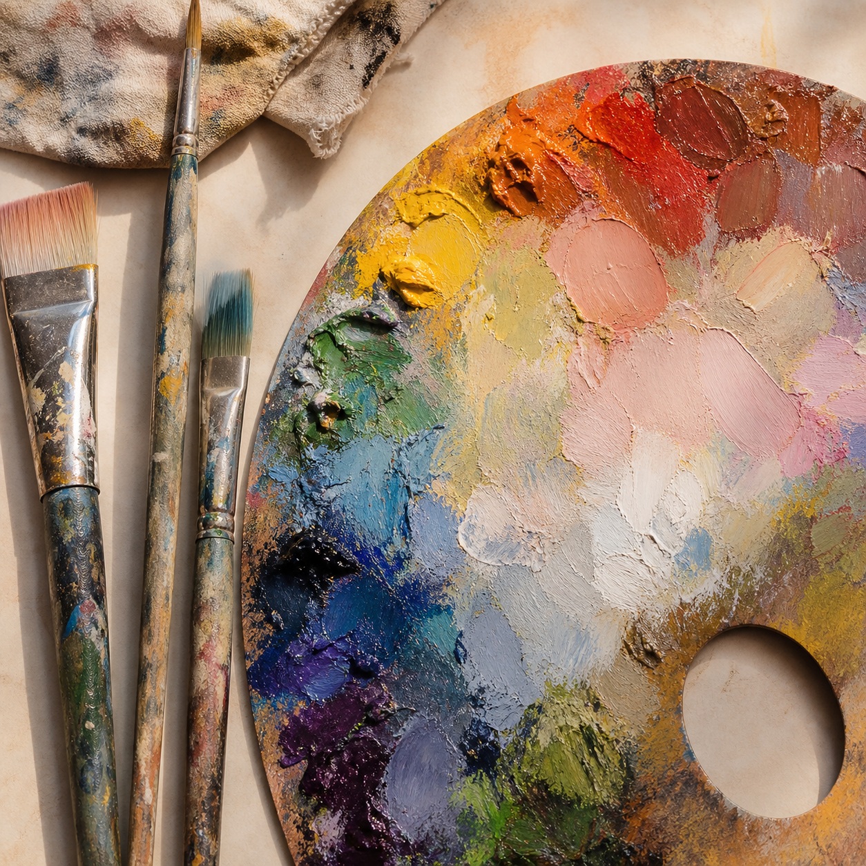 Paint palette with colorful paint and brushes on a textured surface.
