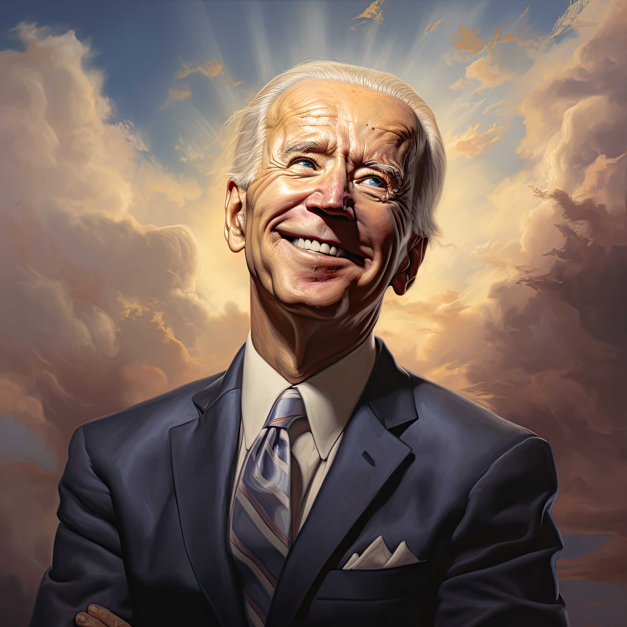 Stylized portrait of Joe Biden in a suit against a cloudy sky background.
