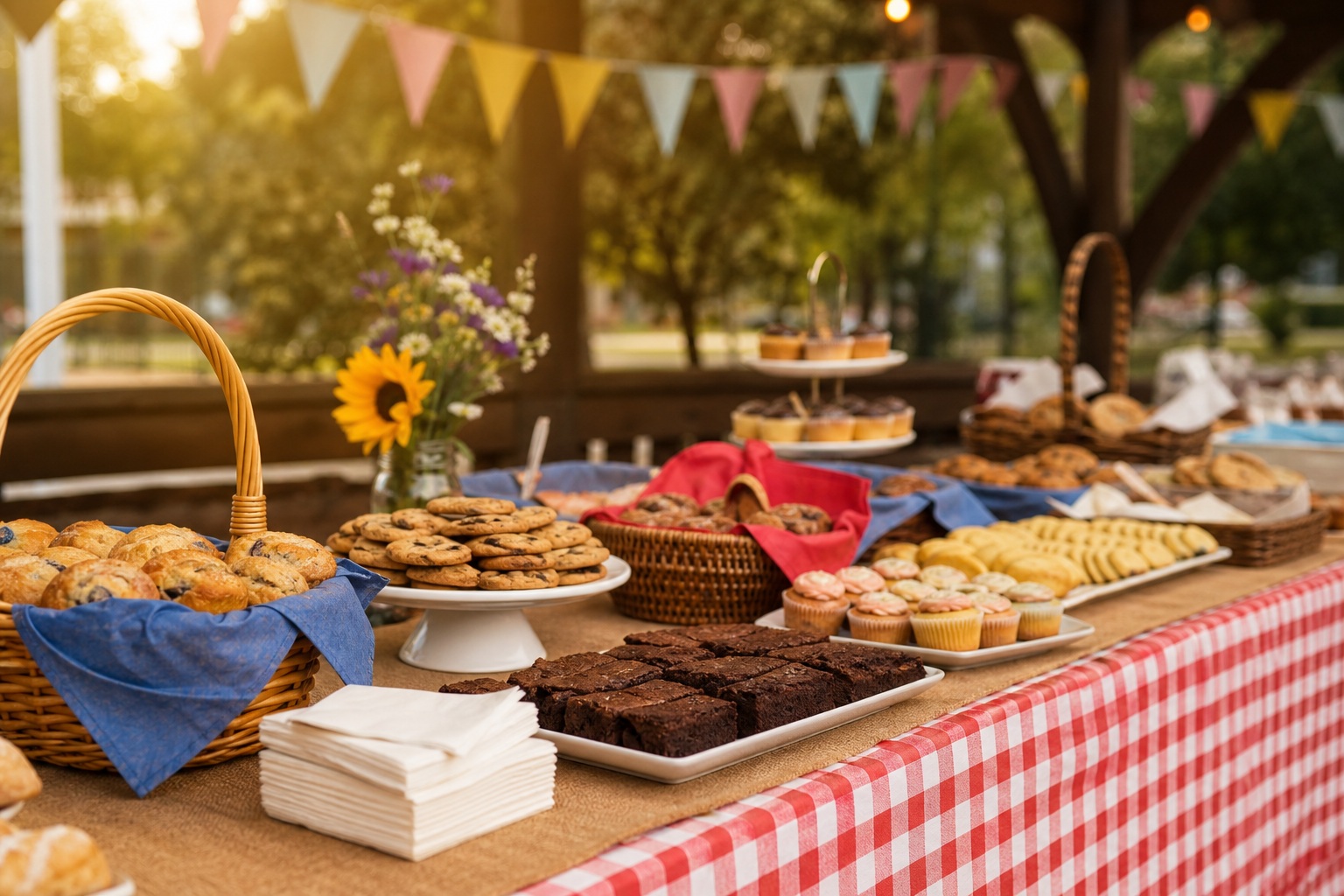 Outdoor bake sale table with assorted baked goods and a red checkered tablecloth.