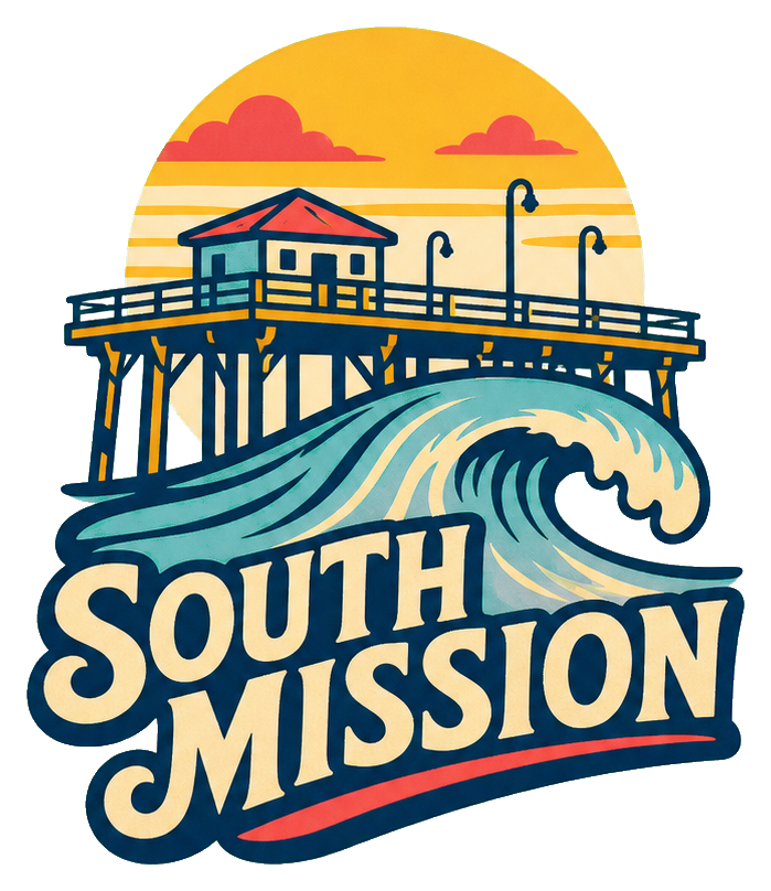 Retro illustrated sticker with South Mission text, wave, and pier at sunset.