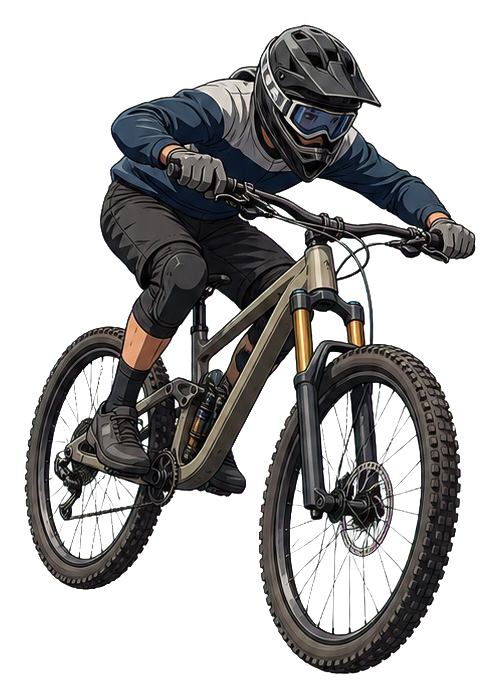Anime-style mountain biker riding downhill on a trail
