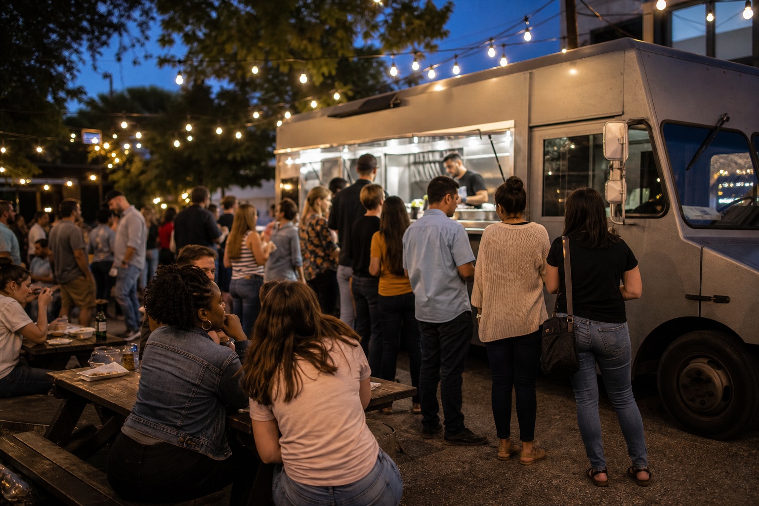 People standing in line near a food truck under evening string lights.