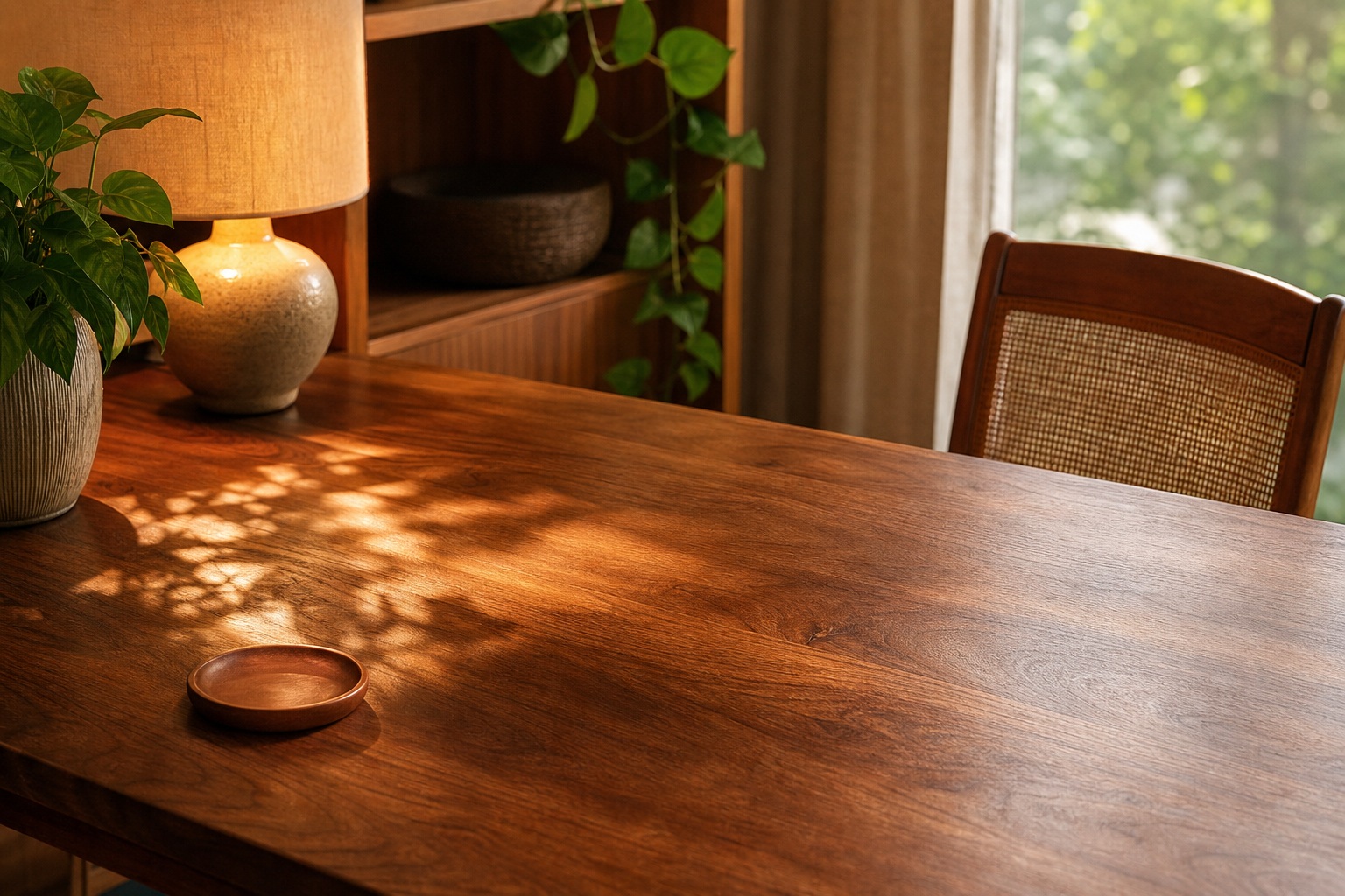 Warm wooden desk beside a plant, lamp, and chair in a sunlit home office