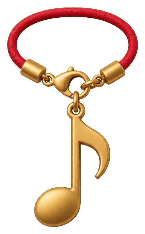 Gold music note charm with a red cord loop and dangling note pendant