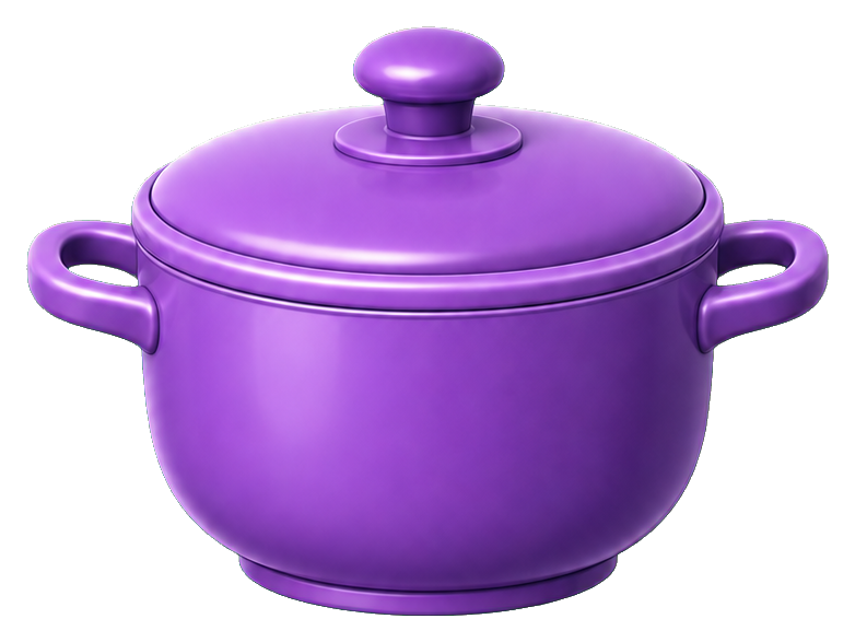 Purple cooking pot with lid and side handles on a transparent background