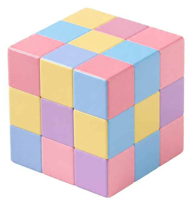 Photorealistic pastel checker cube with pink, blue, and yellow squares.