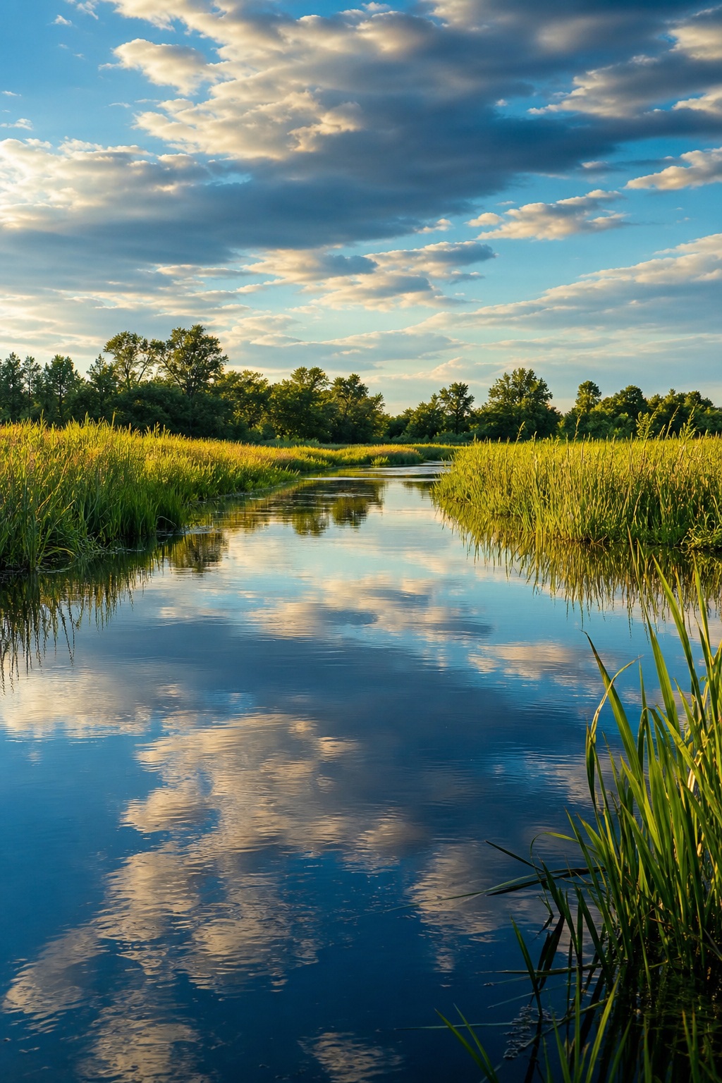 Wetland marsh with calm water reflecting clouds and tall grasses along the banks