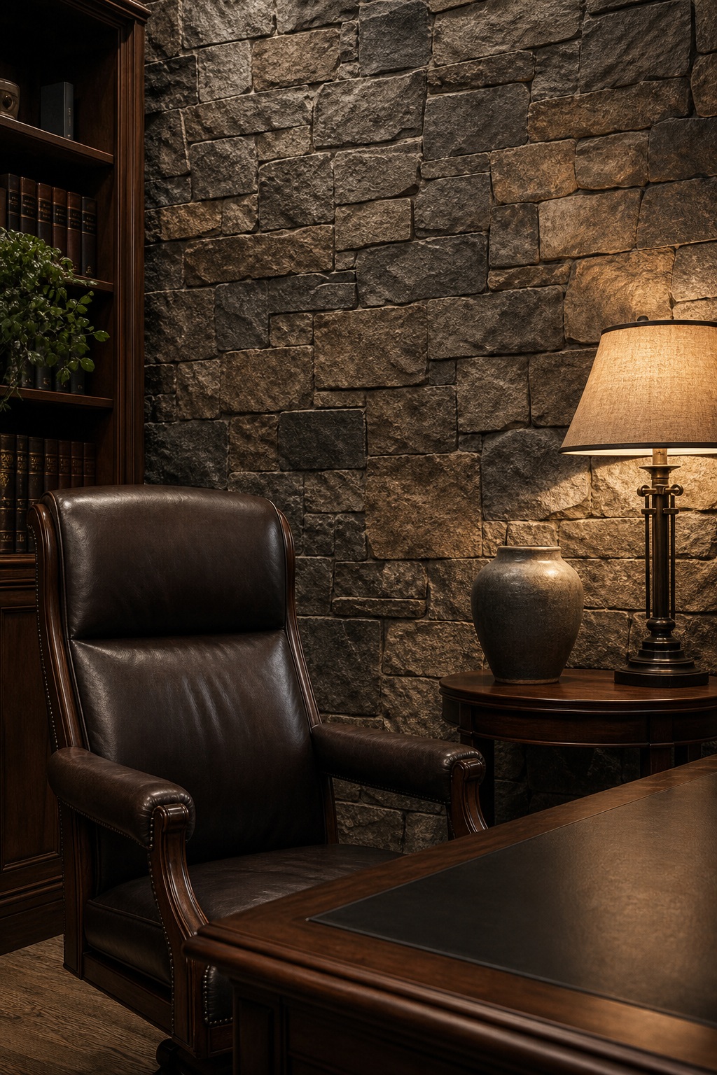 Executive chair beside a wooden desk and lamp in a stone-walled law office interior.