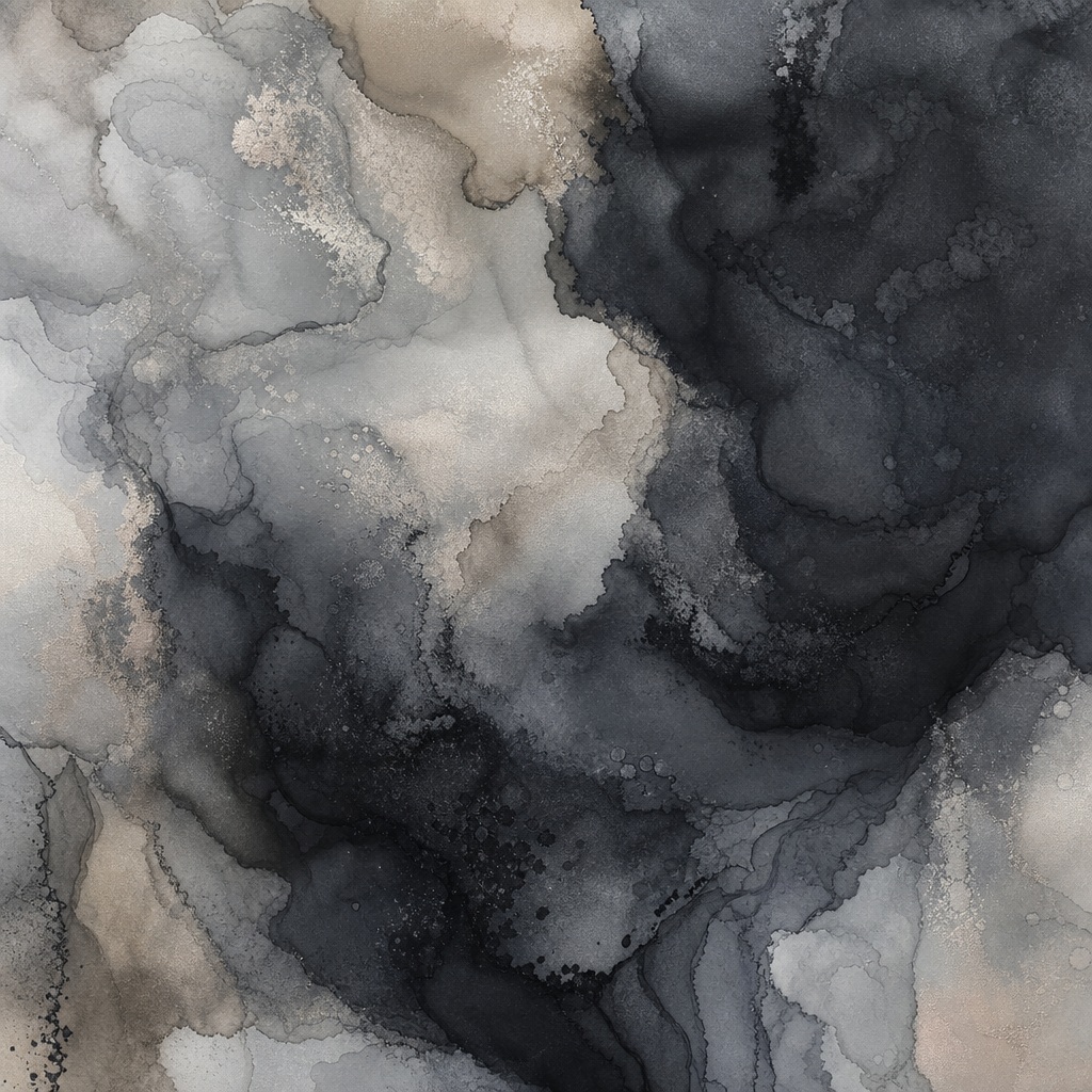 Abstract mineral pigment wash with smoky gray, black, and beige watercolor textures