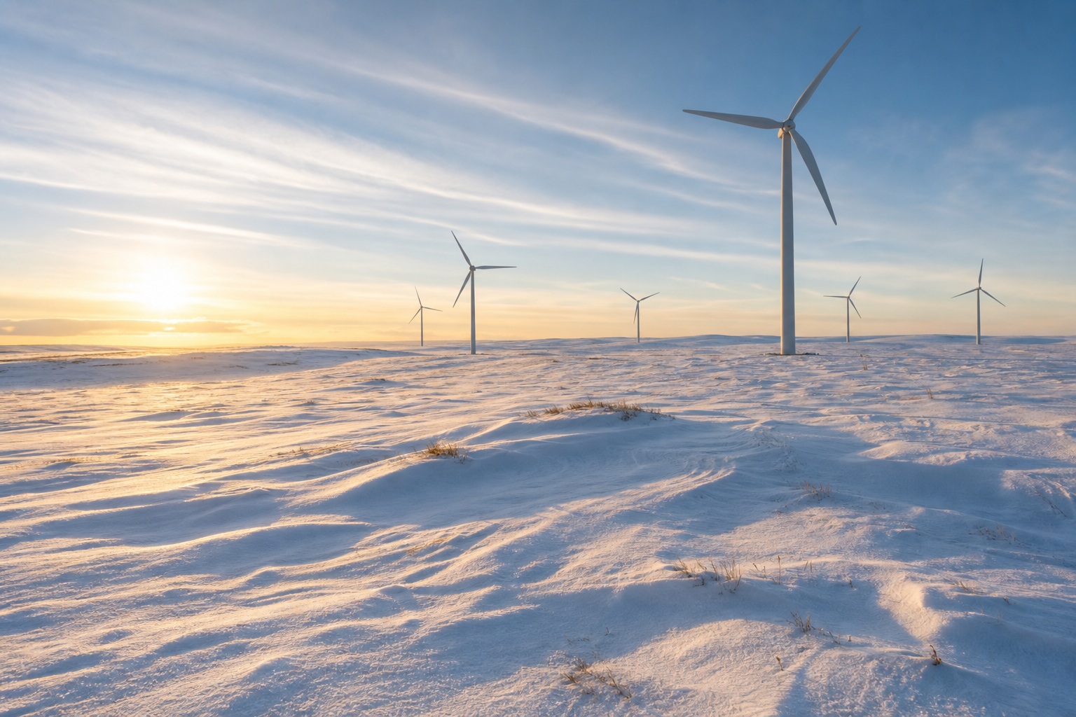 Wind turbines standing over a snowy plain at sunrise in a winter landscape