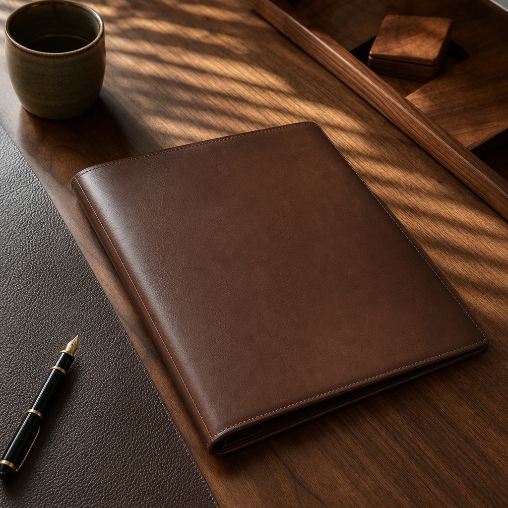 Leather folder, pen, and coffee cup on a walnut office desk