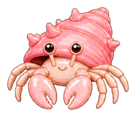 Cute pink coral hermit crab with a shell-like crown and smiling face