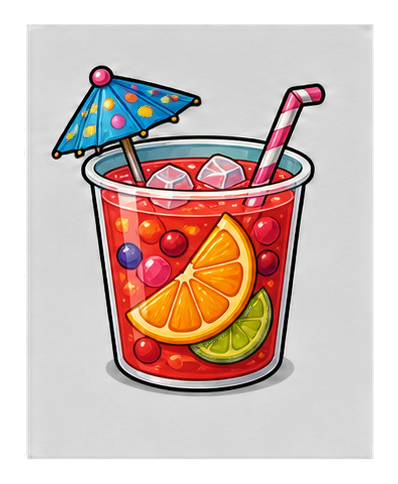 Colorful punch cup with fruit slices, ice, striped straw, and party umbrella.