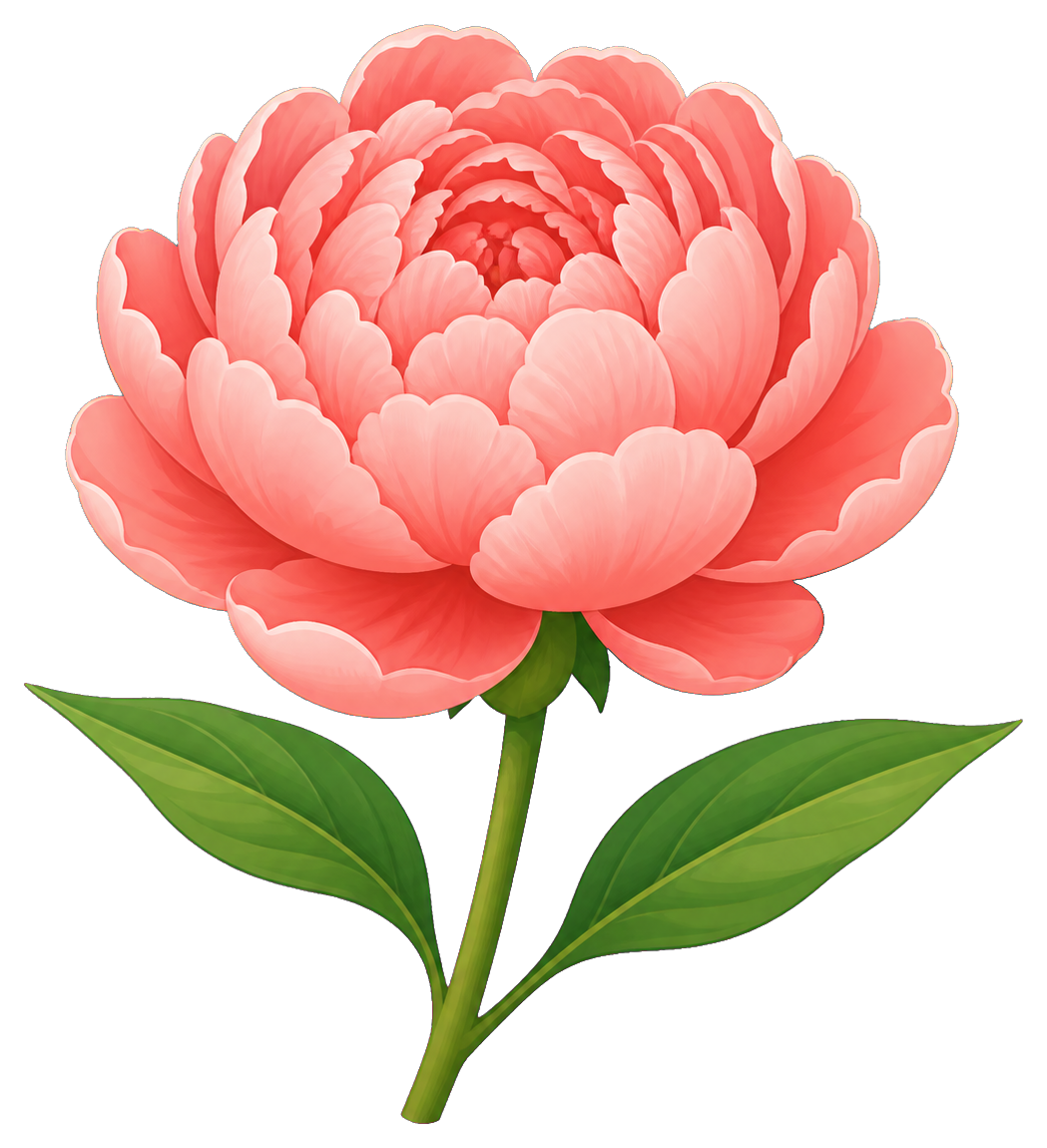 A coral peony flower on a green stem with two leaves.