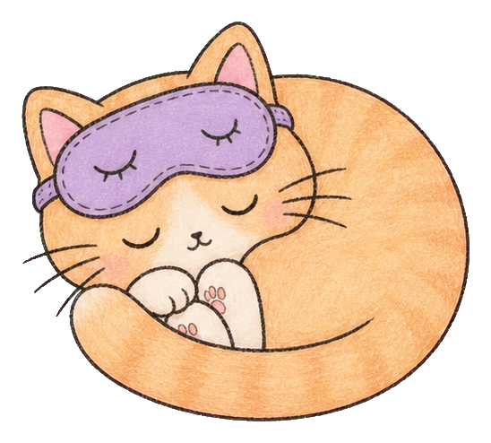A kawaii orange cat curled up asleep wearing a purple sleep mask.