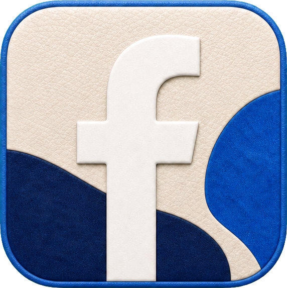 White lowercase Facebook-style icon on ivory and blue textured background