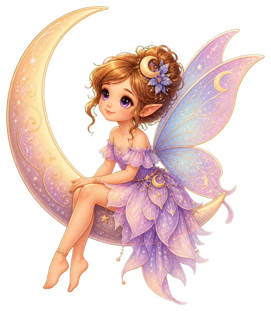 Cute fairy girl sitting on a crescent moon with sparkling wings and a purple dress