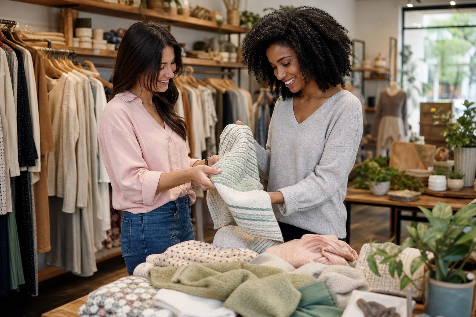 Two women folding clothes inside a boutique with racks and folded sweaters nearby.