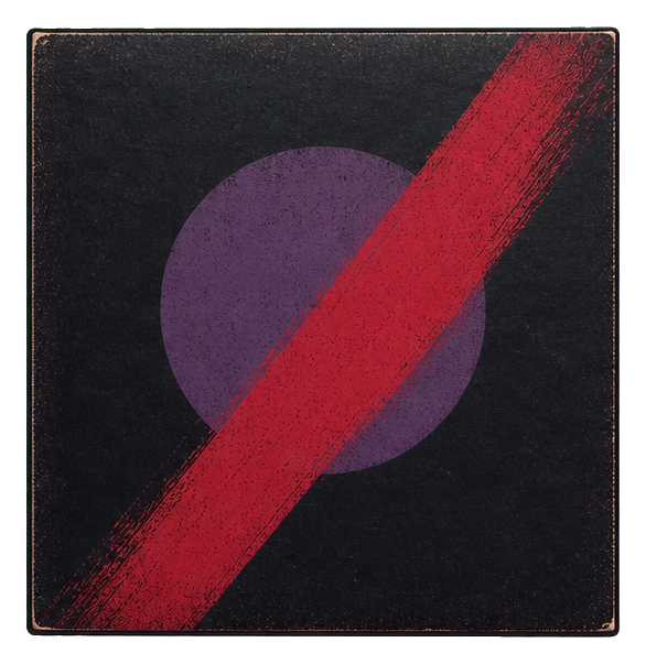 Abstract record sleeve with a purple circle and red diagonal stripe on a dark background