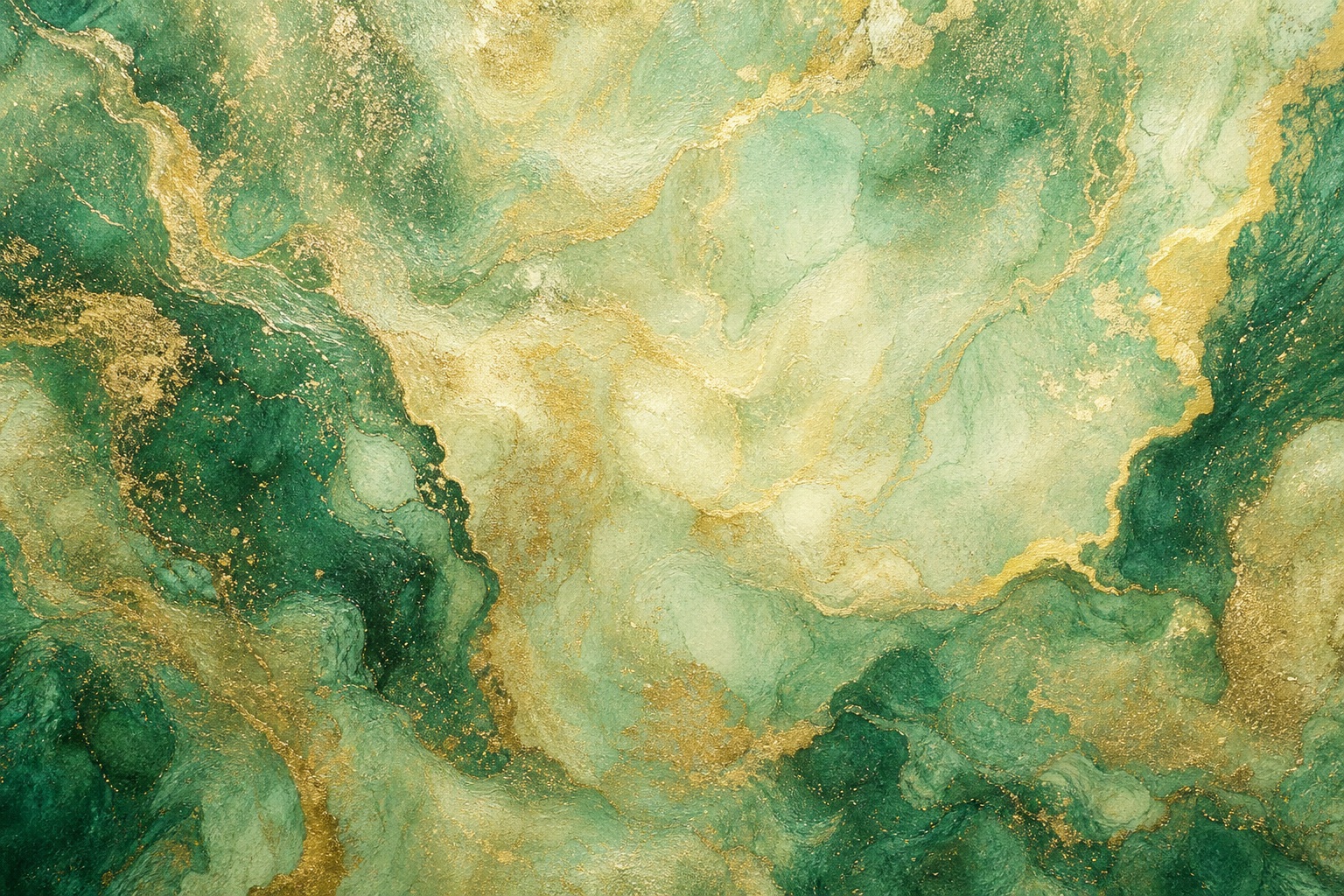 Emerald and gold marbled paper texture with cloudy pigment swirls