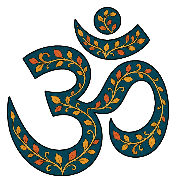 Decorative Om symbol filled with teal vines and orange leaves on a dark background.
