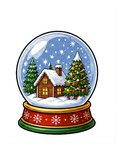 A Christmas snow globe with a small house, decorated trees, and falling snow.
