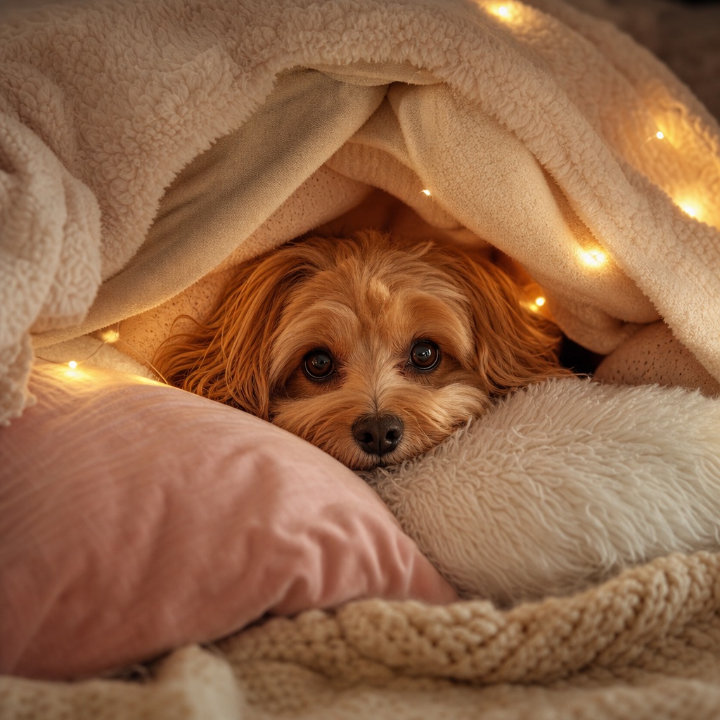 Small dog peeking out from a blanket fort with warm string lights and pillows
