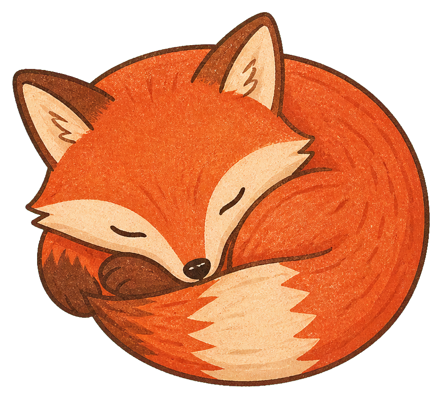 Curled orange fox sleeping with eyes closed in a round folk-art style.