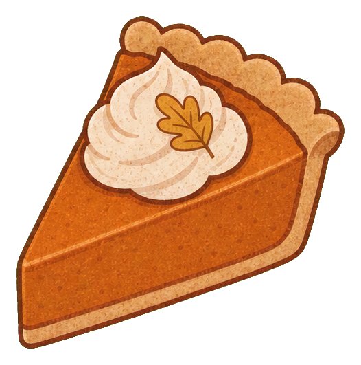 A cozy pumpkin pie slice sticker with whipped topping and a leaf garnish