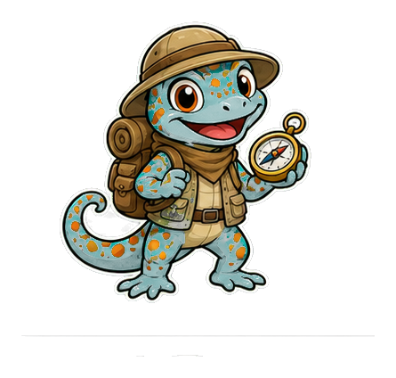 Cartoon lizard wearing an explorer hat and holding a compass.