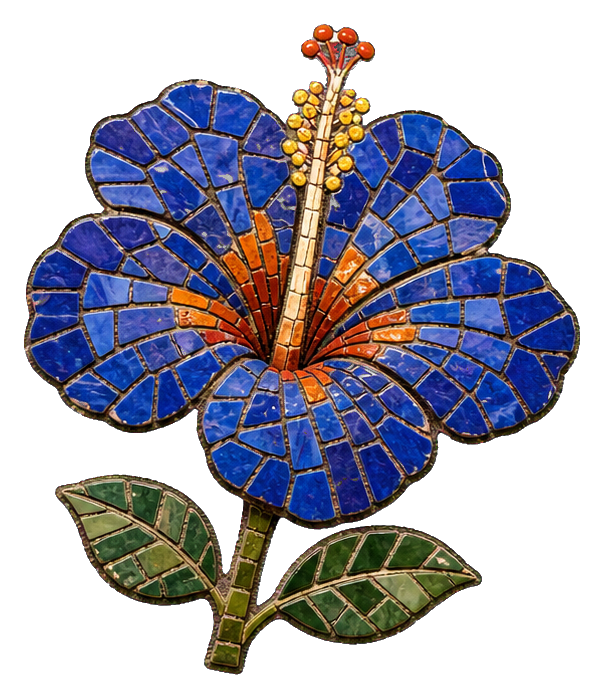 Blue cobalt hibiscus flower with mosaic ceramic-style petals and green leaves