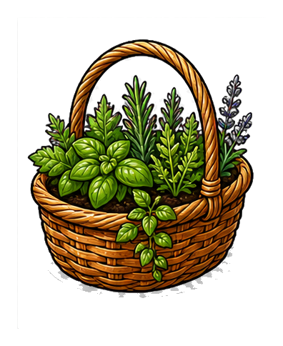 Woven basket filled with green herbs and leafy plant stems