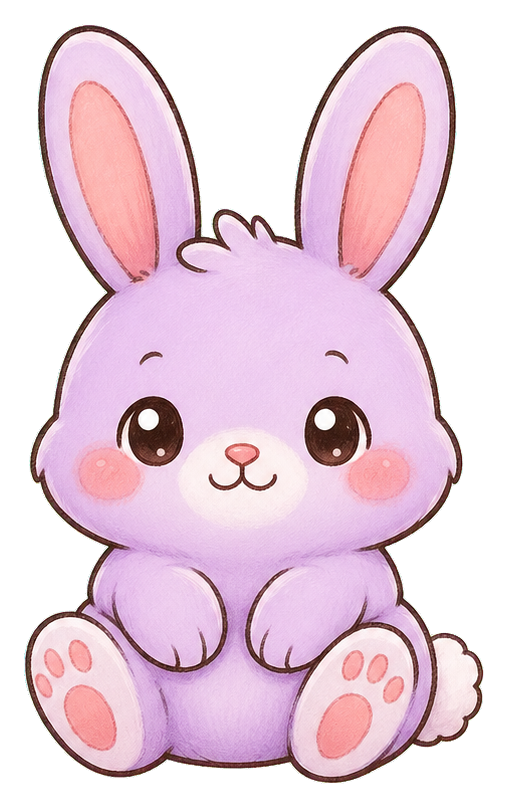 Pastel purple kawaii rabbit sticker with long ears, rosy cheeks, and sitting pose.
