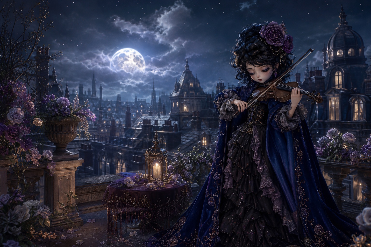 Gothic violinist standing in a moonlit garden with castle lights and a dark sky