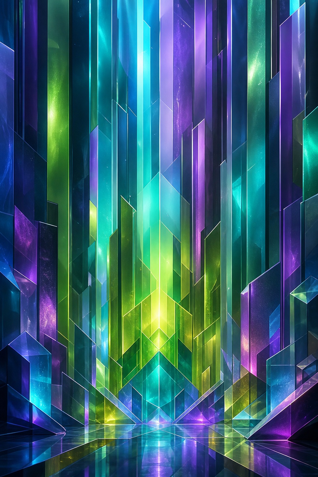 Glowing vertical geometric shapes in purple, blue, green, and yellow on a reflective dark background.